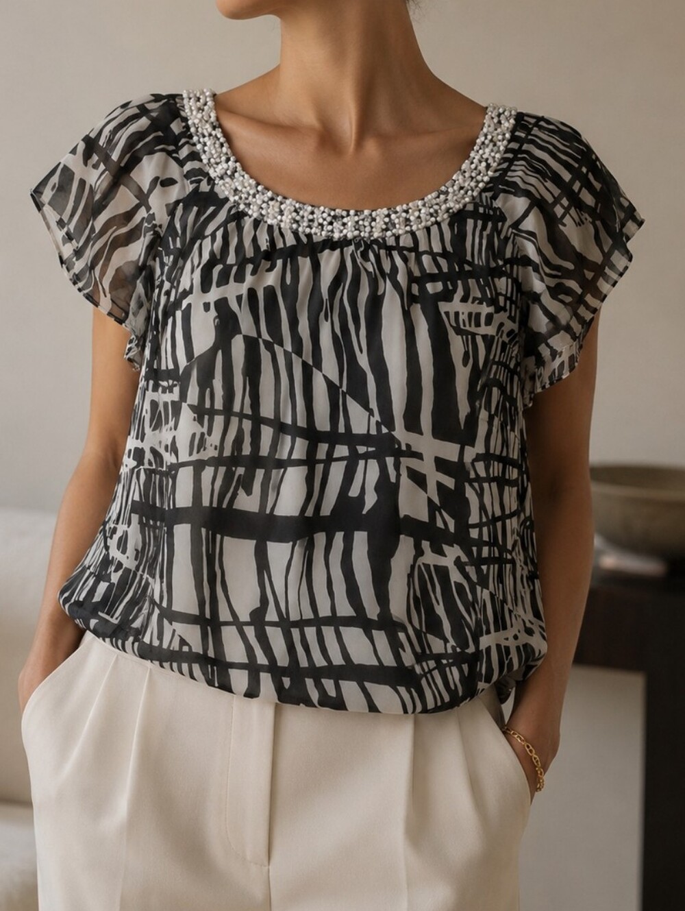 Vintage Bob Mackie Studio Silk Beaded Black White Abstract Sheer Blouse 12 Artsy